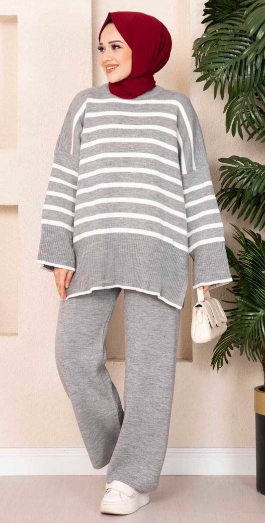 HC Two piece stripe oversize knitwear set- grey