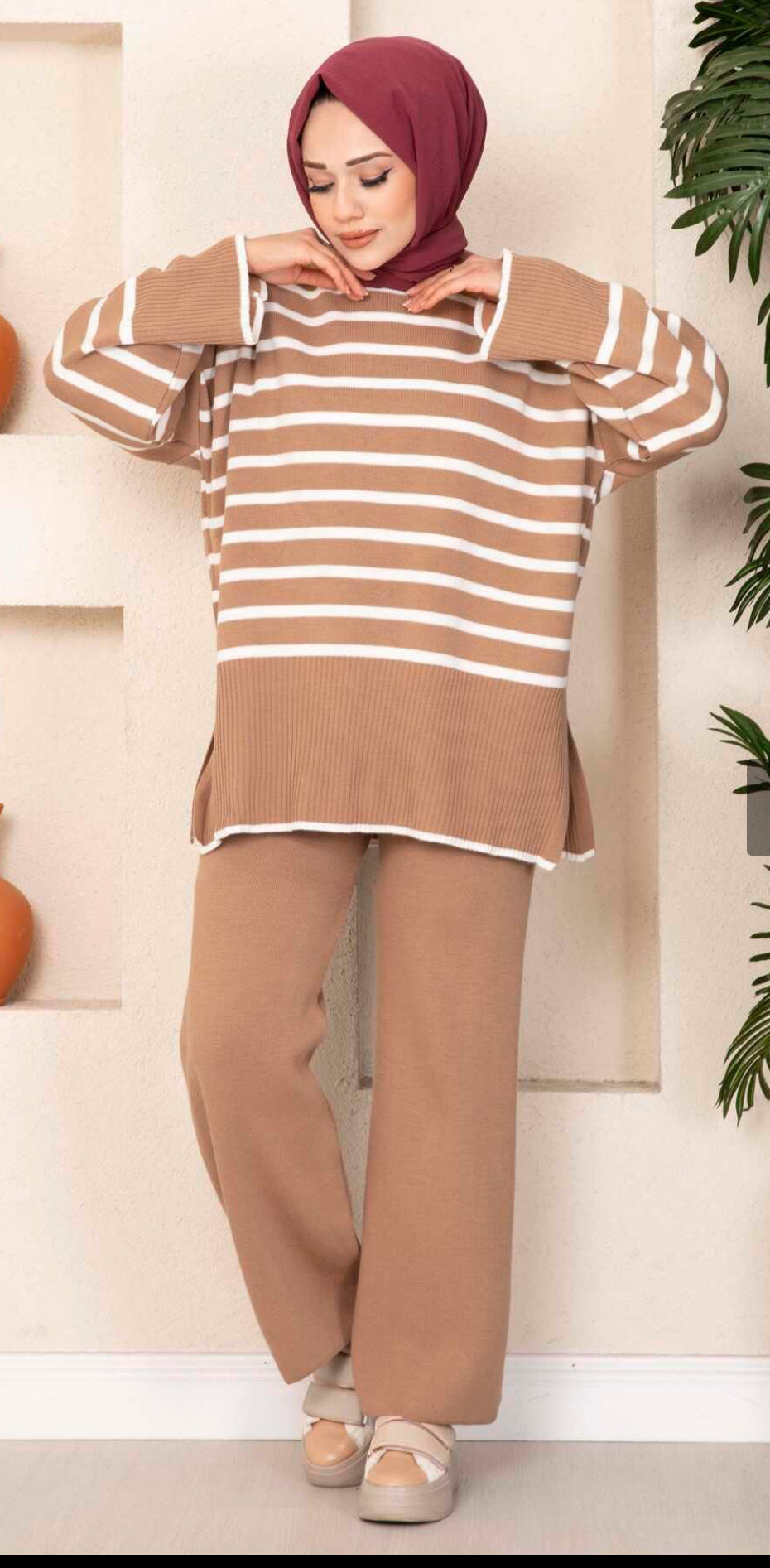 HC Two piece stripe oversize knitwear set- camel