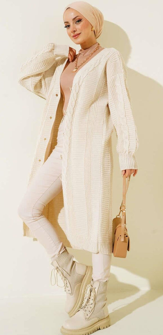 HC Long button detail knit cardigan -beige