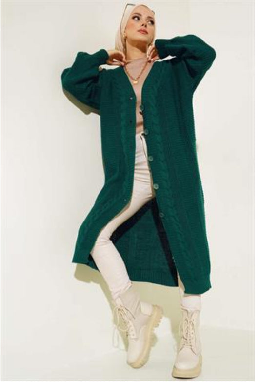 HC Long button detail knit cardigan - green