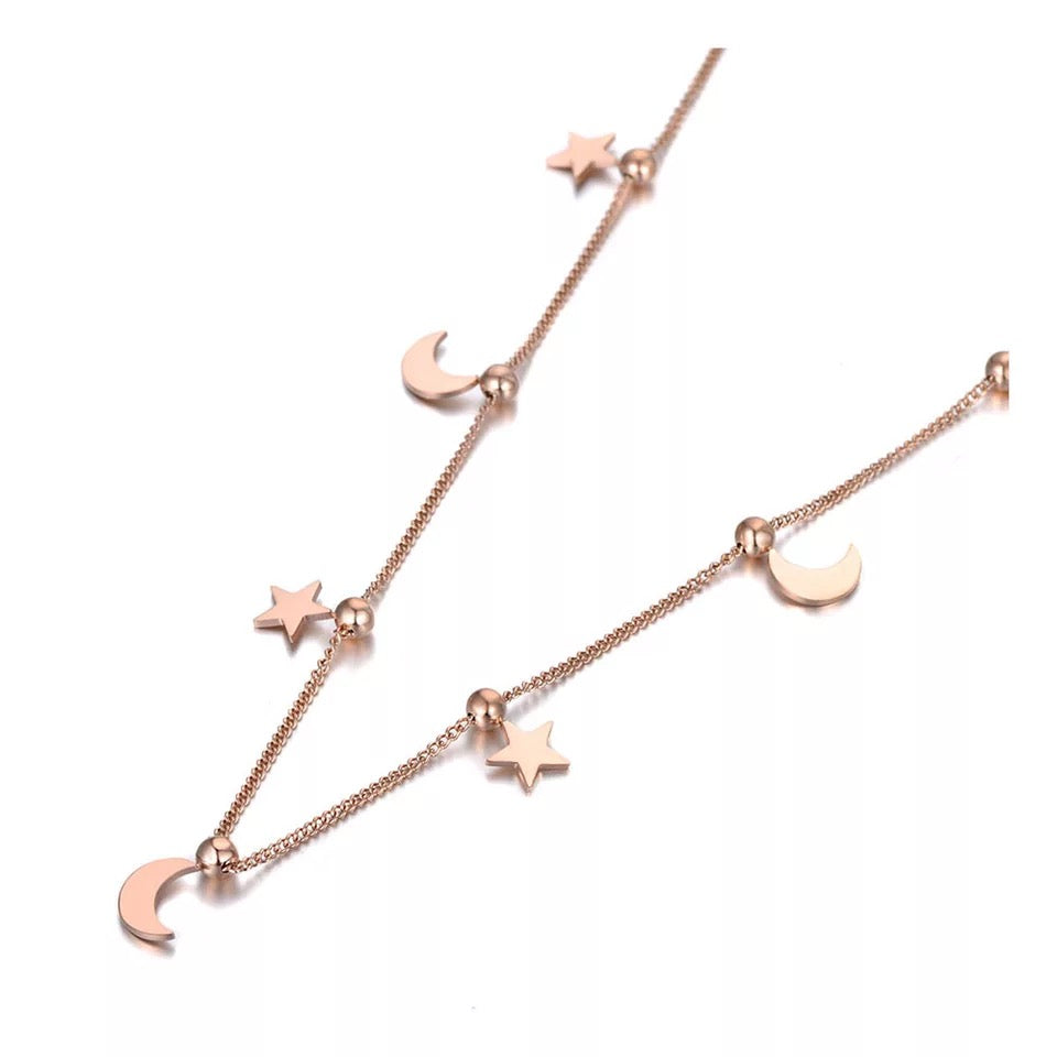 Star crescent charm necklace-rosegold