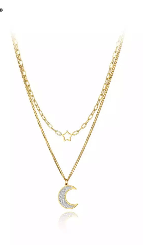 Star crescent layered necklace