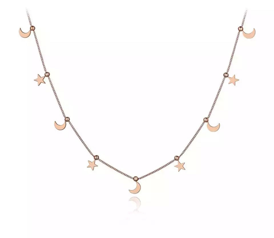 Star crescent charm necklace-rosegold