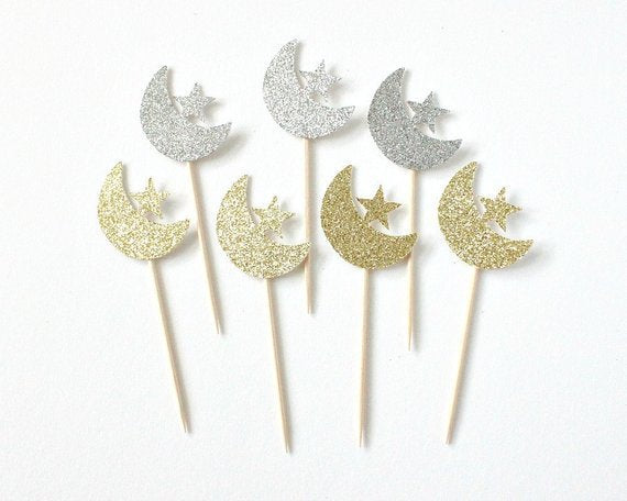 Silver & Gold Crescent/star Cupcake toppers (set of 7)