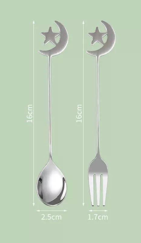 Crescent star spoon & fork set (silver)