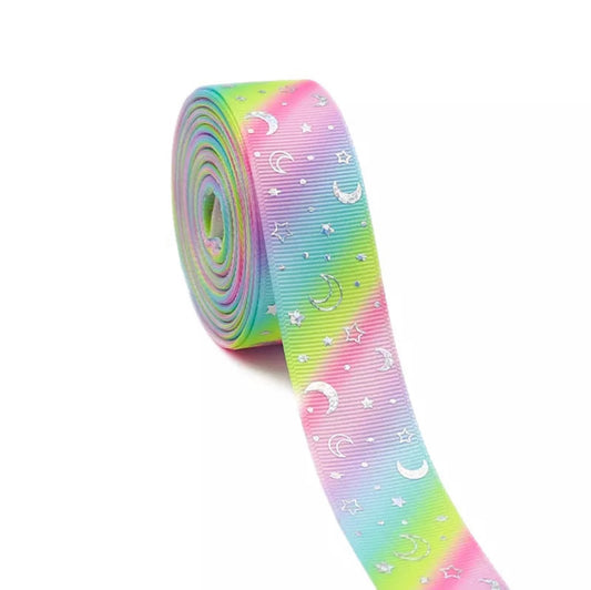 Crescent star foil print ribbon-pink (10 m)