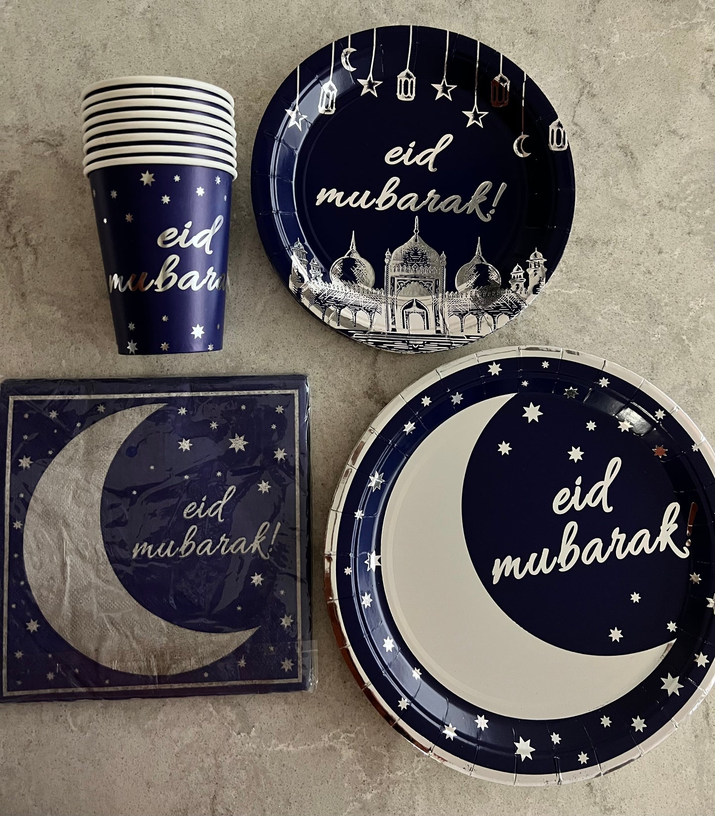 Eid Mubarak disposible set -navy & silver (32 pieces)