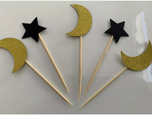 Black & Gold Crescent/star Cupcake toppers (set of 10)